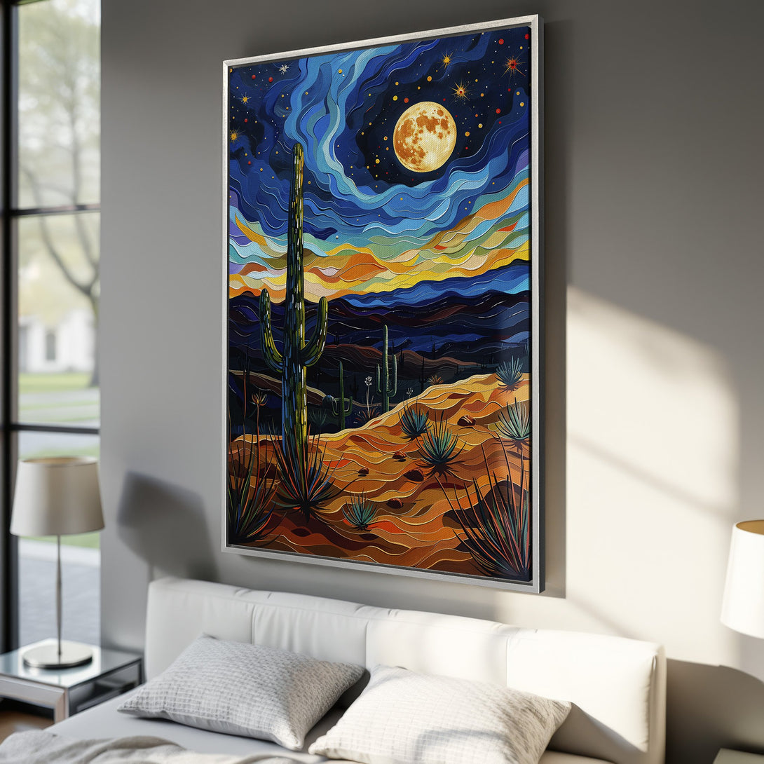Framed Wall Art featuring a vibrant desert landscape with a full moon. Abstract style with a rich palette of blues, oranges, and browns. Perfect for home decor.