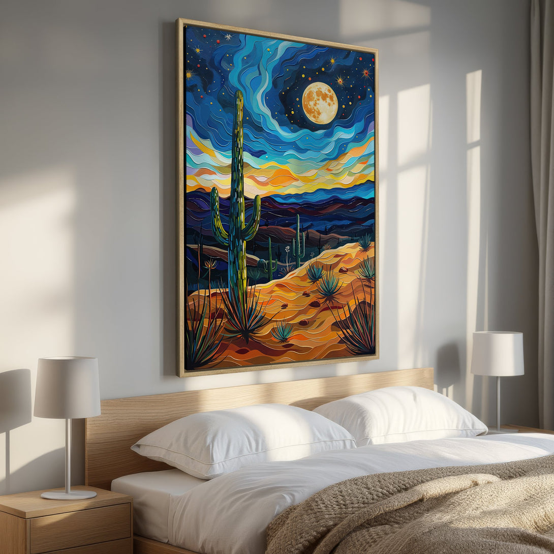 Framed Wall Art: Desert night scene Canvas Print with vibrant blue, orange, and yellow hues. Modern art featuring a cactus under a starry sky, perfect bedroom decor.