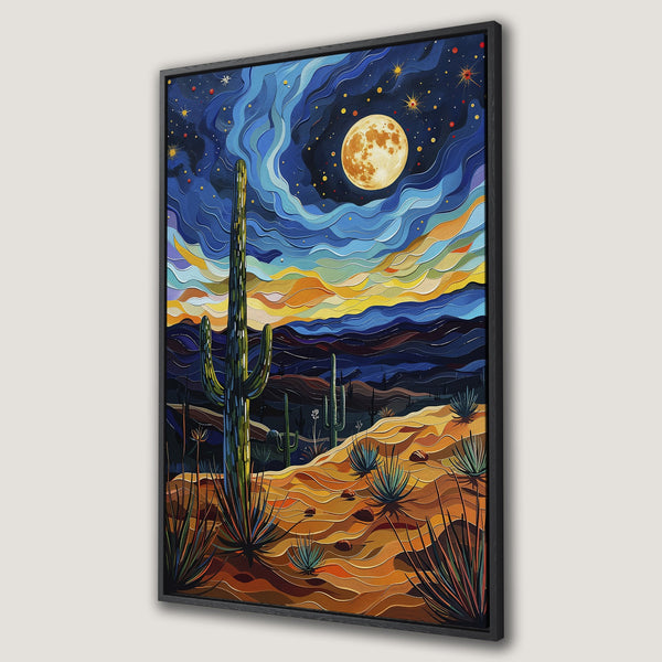 Framed Wall Art: Desert landscape Canvas Print with a vibrant, stylized night sky and cactus in a warm, earthy color palette.