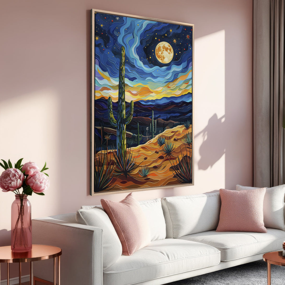 Framed Wall Art featuring a desert landscape with cacti under a starry night sky. Vibrant colors of blue, orange, and yellow create a stunning art piece.