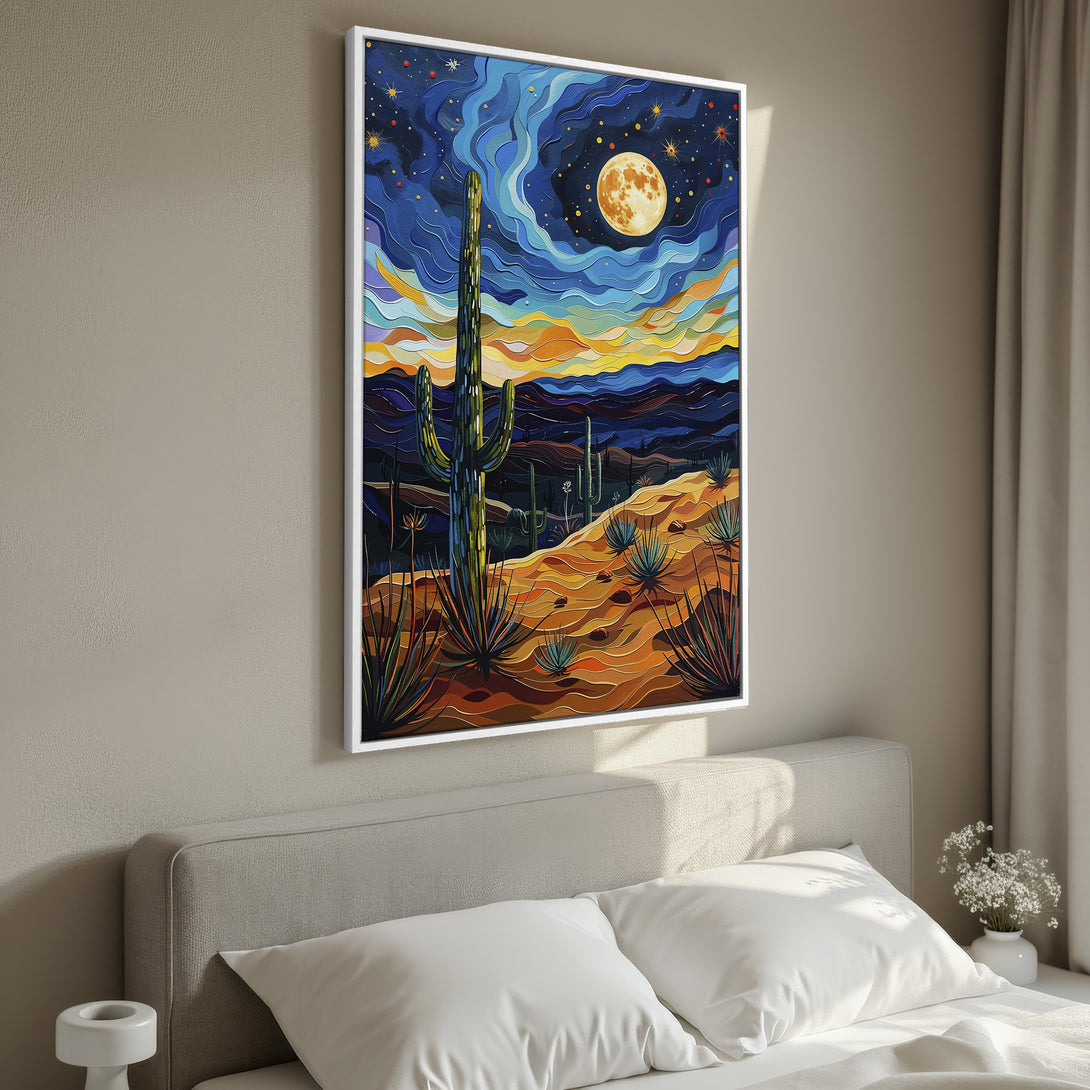 Framed Wall Art: Desert landscape canvas print with vibrant blue, orange, and yellow hues. Modern art style featuring a cactus and full moon. Perfect bedroom decor.
