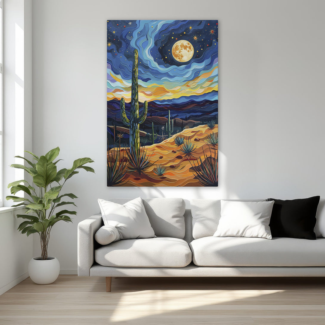 Framed Wall Art: Desert landscape Canvas Print with vibrant blues, oranges, and yellows. Modern art style, perfect for bedroom decor.