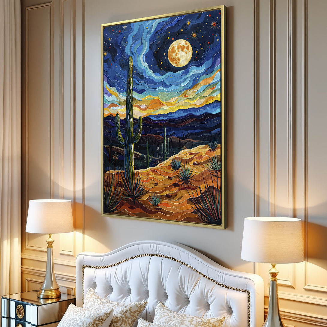 Canvas Print of a desert landscape painting with a vibrant blue, orange, and yellow color palette. Modern art featuring a cactus under a starry night sky.