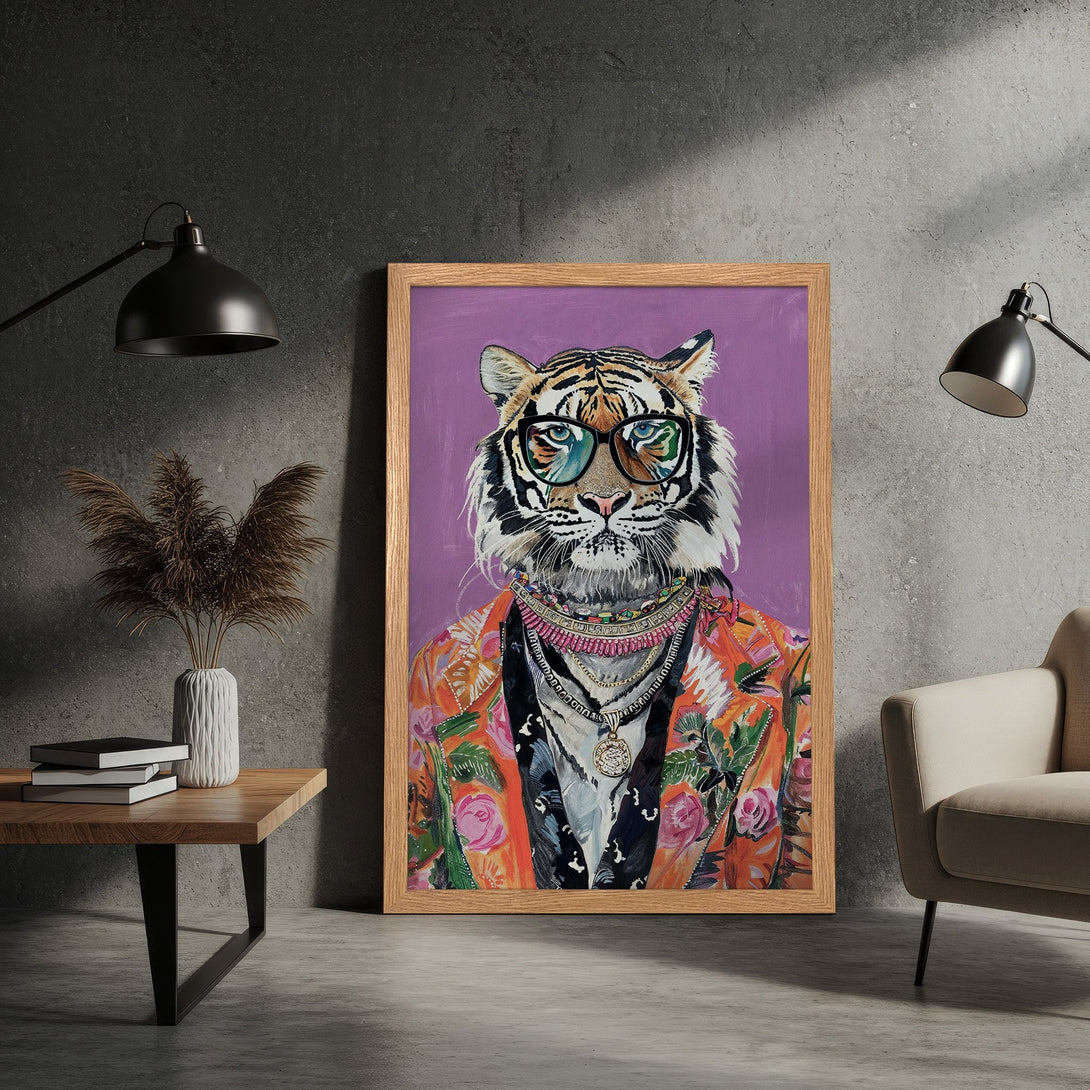 Framed Poster of a stylish tiger in a colorful jacket, pop art style, with a purple and orange color palette. Add a touch of wild style to your space!