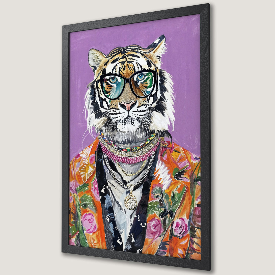 Framed Poster featuring a stylish tiger wearing glasses, vibrant floral jacket, and jewelry. Pop art style with a colorful palette.