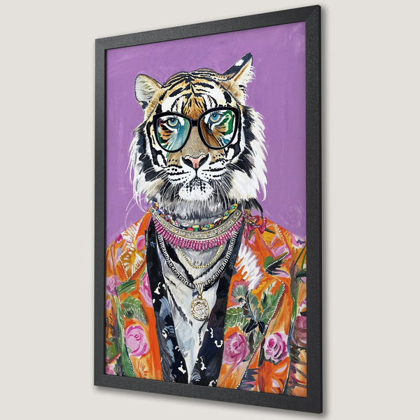Framed Poster featuring a stylish tiger wearing glasses, vibrant floral jacket, and jewelry. Pop art style with a colorful palette.
