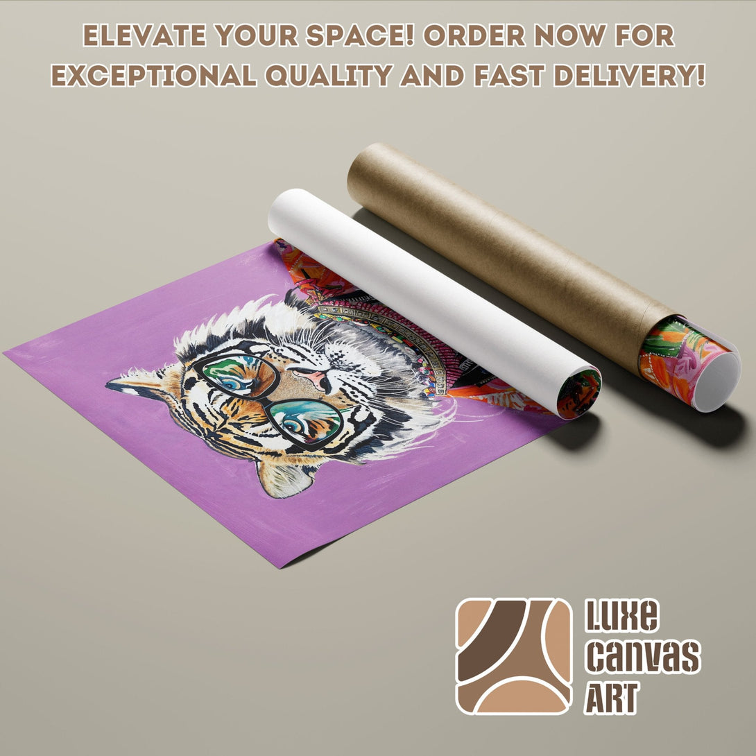 Tiger Poster Roll art print, vibrant colors, purple background, elevate your space! Order now!