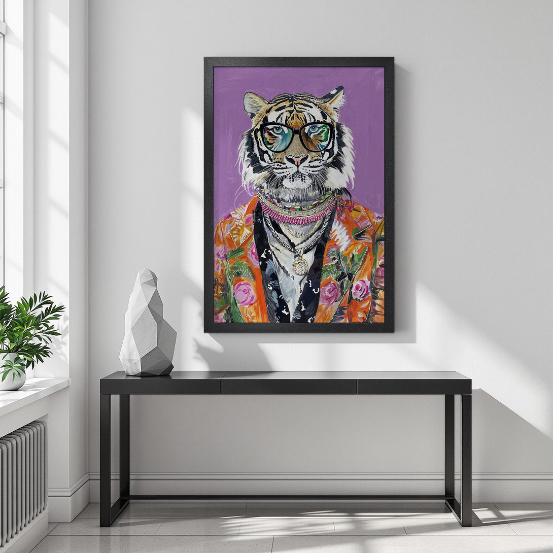 Framed Poster featuring a stylish tiger portrait in vibrant colors. Modern art print with a purple and orange palette, perfect for home decor.