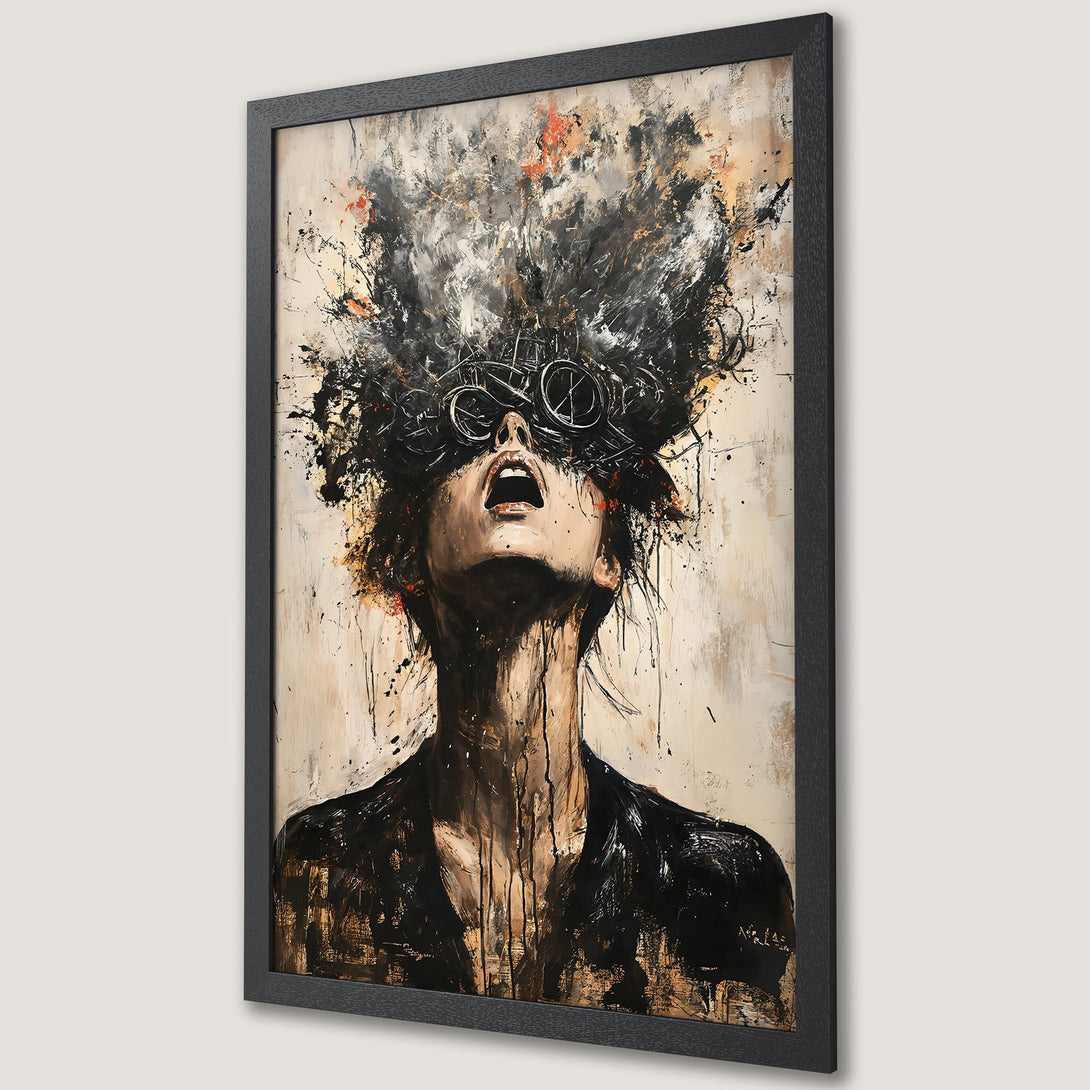 Framed Poster: Abstract art of a woman with exploding head, in black, white, and beige tones. Perfect wall art for modern decor.