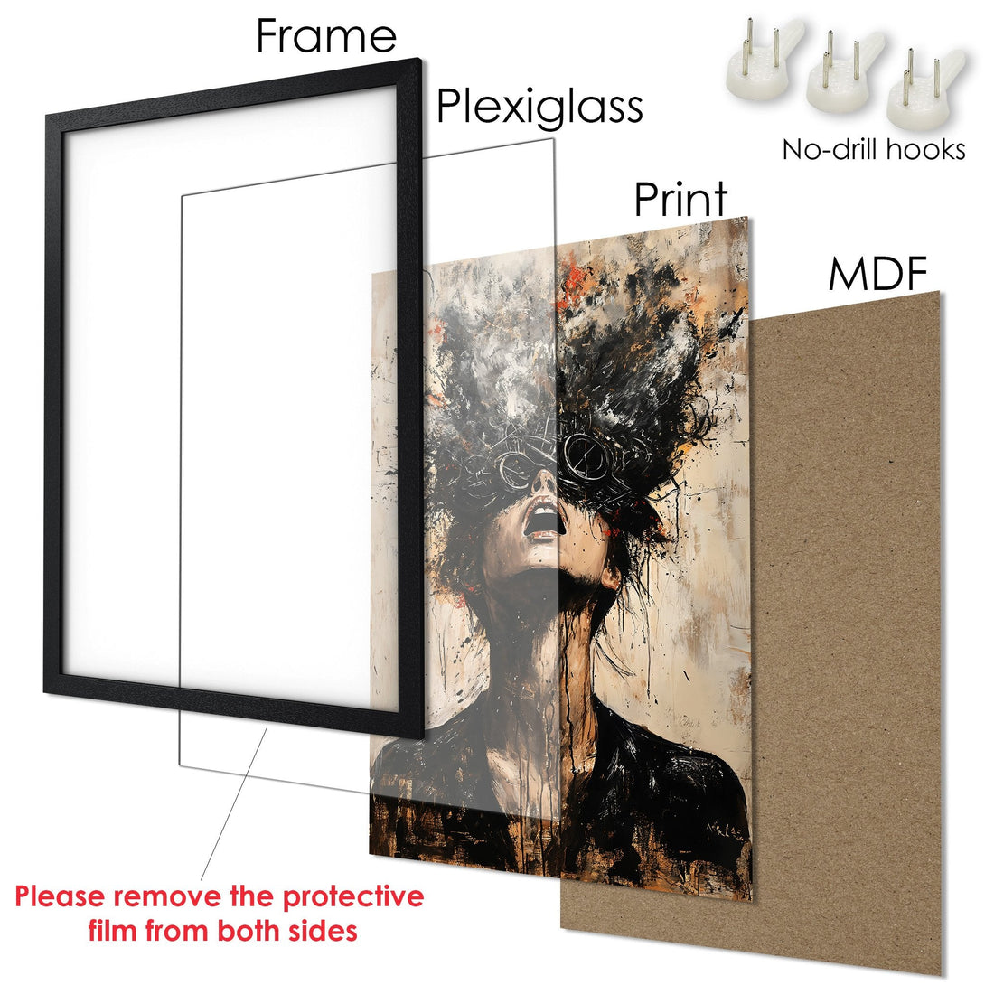 Framed Poster art print featuring an abstract portrait in neutral tones. Elevate your space with this stylish wall decor.