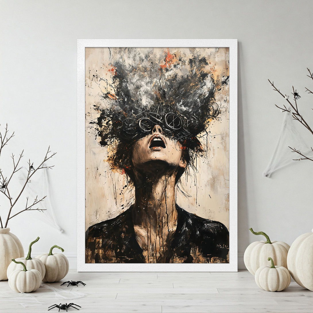 Framed Poster: Abstract art of a woman with exploding hair, dark & neutral color palette, perfect for Halloween decor.