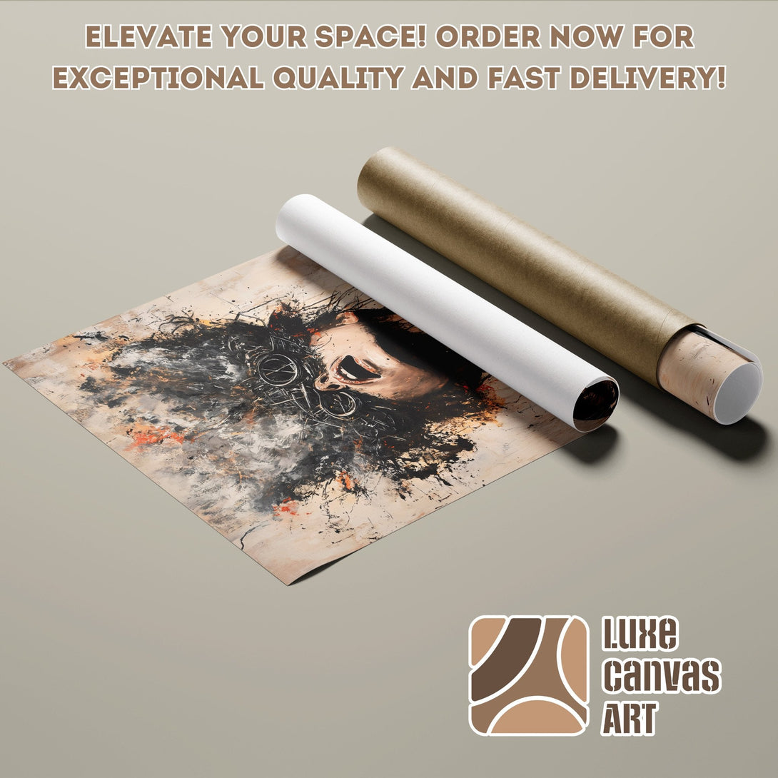 Abstract art poster roll, black, white, and orange color palette. Elevate your space! Order now!