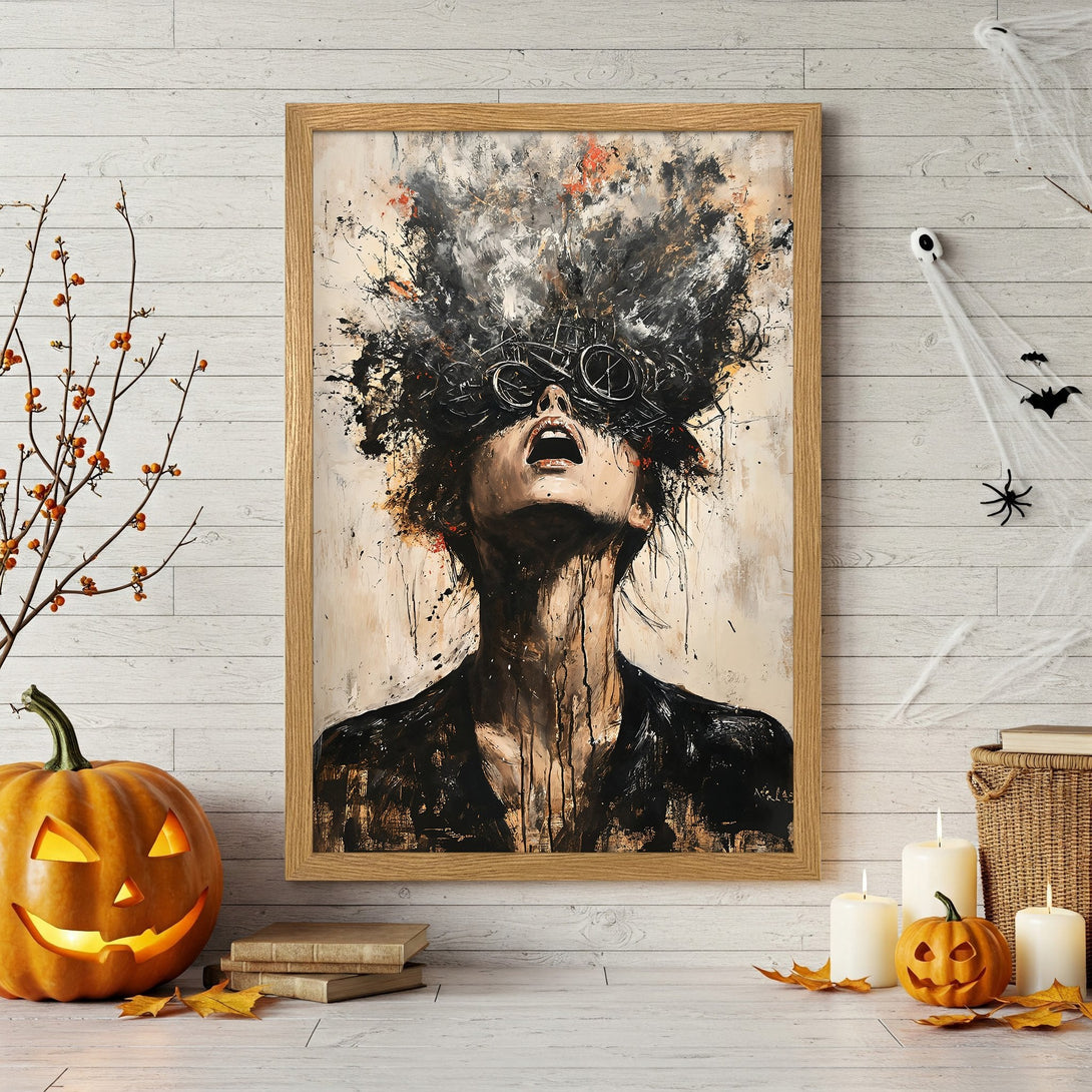 Framed Poster of abstract woman's face in black, white, and orange. Modern art for your home decor.
