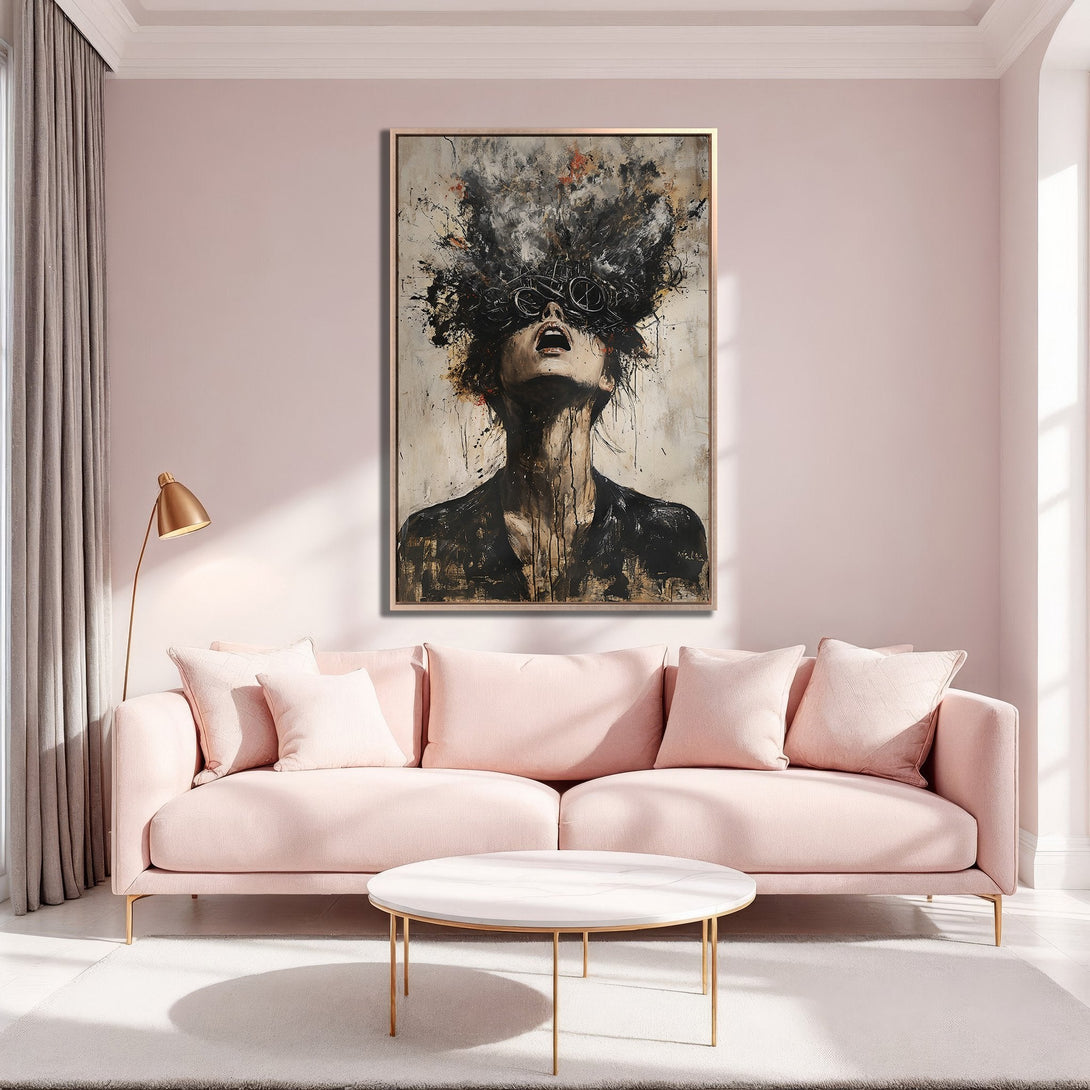 Framed Wall Art: Abstract portrait in black & white with a gold frame. Modern art canvas print in a stylish interior with blush pink accents.