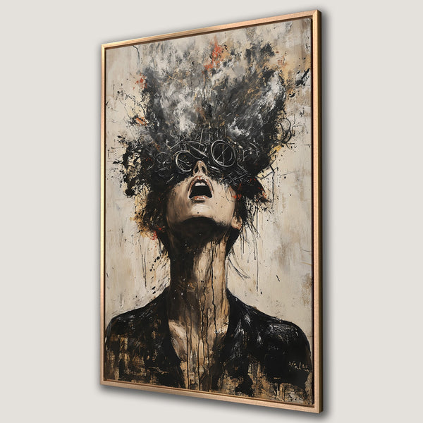 Framed Wall Art: Abstract portrait in black, white, and gold. Dramatic expressionist style canvas print for modern home decor.