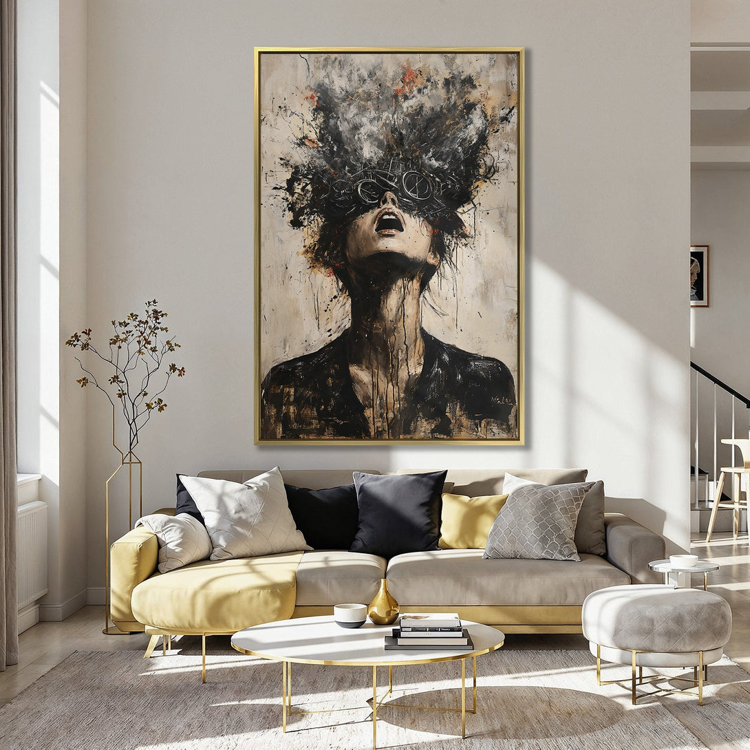 Abstract Canvas Print of a woman with a dark, expressive style, in a neutral and black palette, displayed in a modern kitchen.