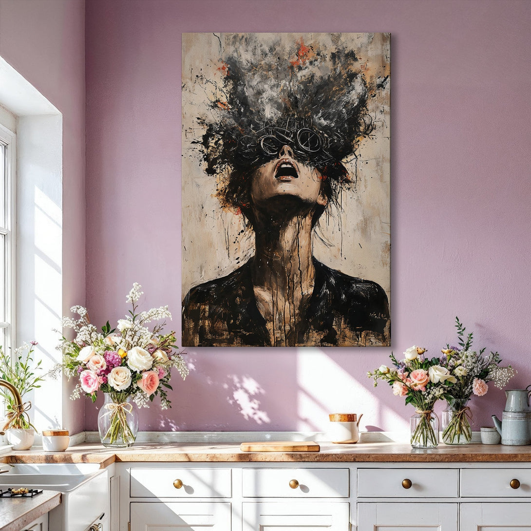 Framed Wall Art: Abstract portrait Canvas Print in neutral tones. Dramatic black and beige artwork adds modern flair to any living room. Shop now!