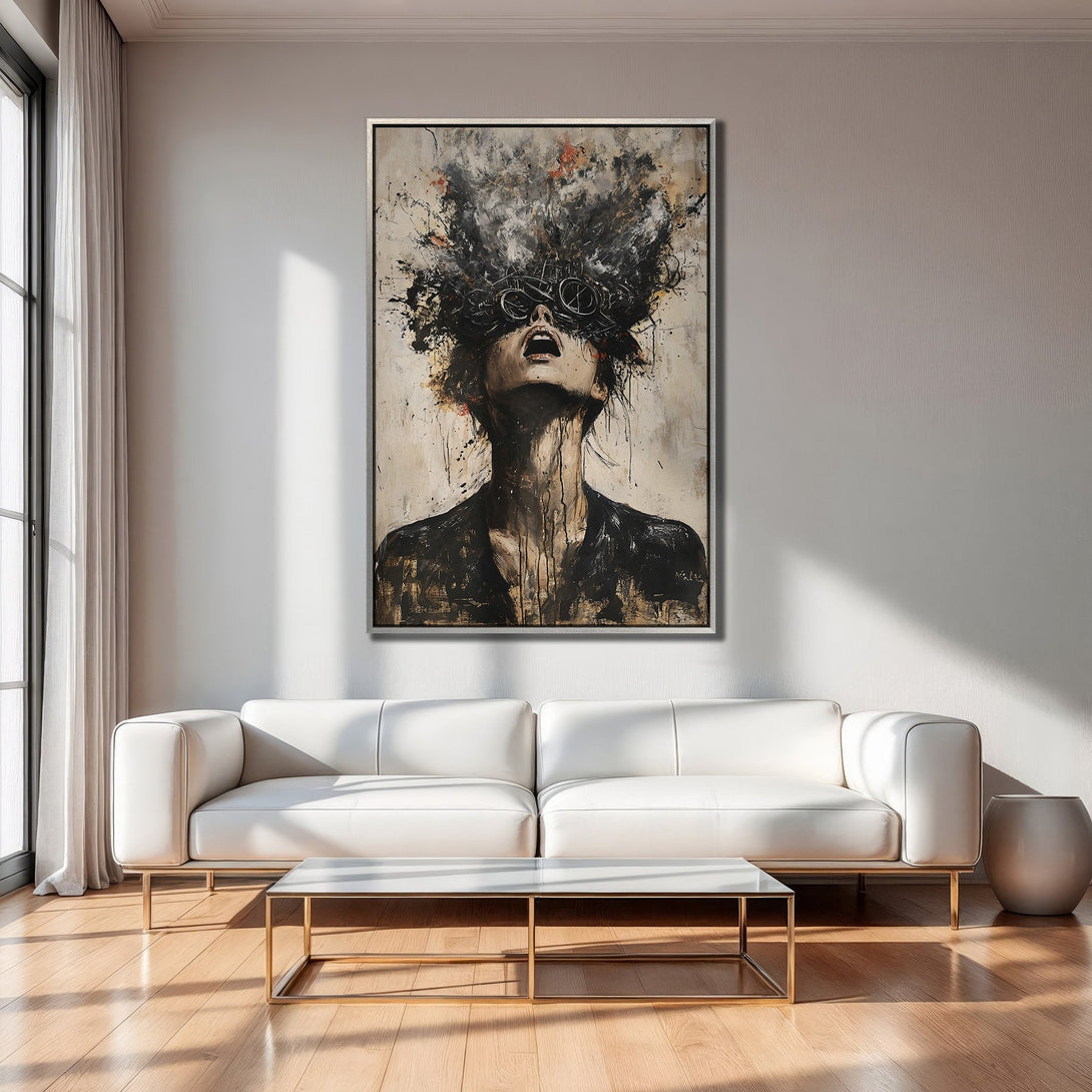 Framed Wall Art: Abstract portrait Canvas Print in black and neutral tones. Modern art to elevate your home decor.