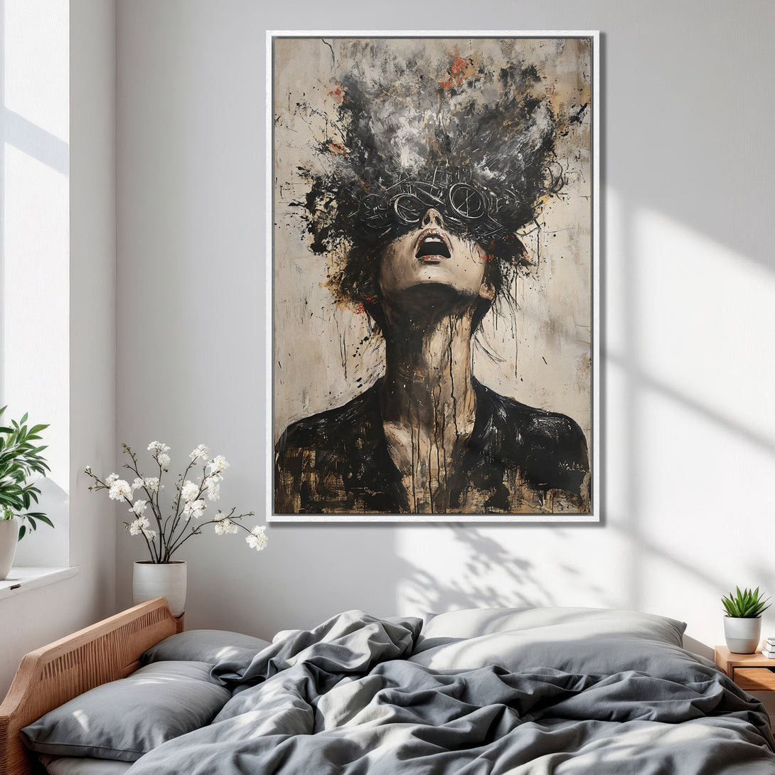 Framed Wall Art: Abstract portrait in neutral tones. Modern Canvas Print of a woman with a unique, expressive design, perfect for bedroom decor.