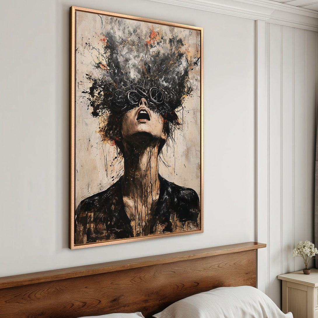 Framed Wall Art: Abstract portrait canvas print with a woman in black, expressive style, neutral & black palette. Perfect modern home decor.