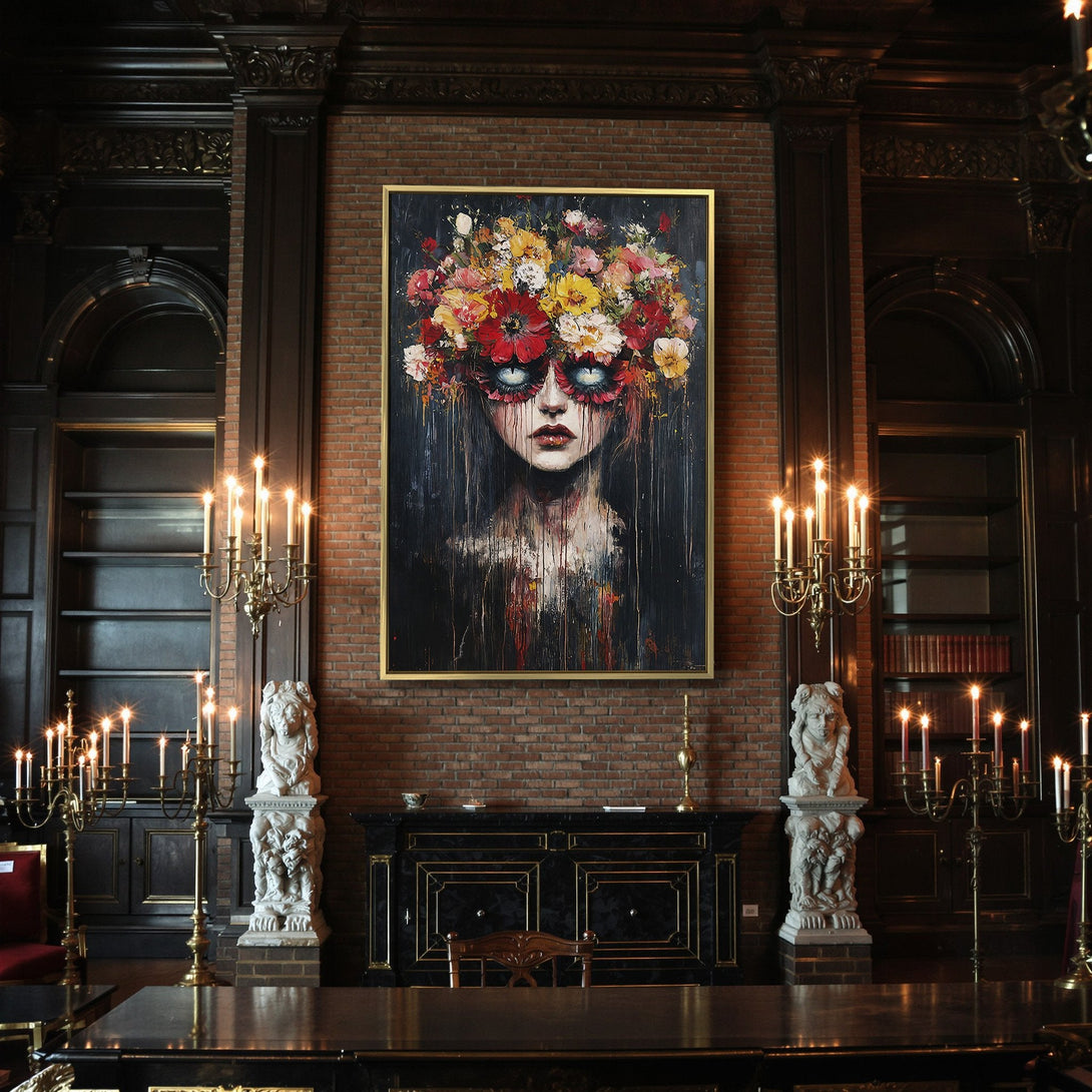 Canvas Print of a woman with floral headdress, dark and moody art style. Features red, yellow, and blue color palette. Perfect Halloween decor.