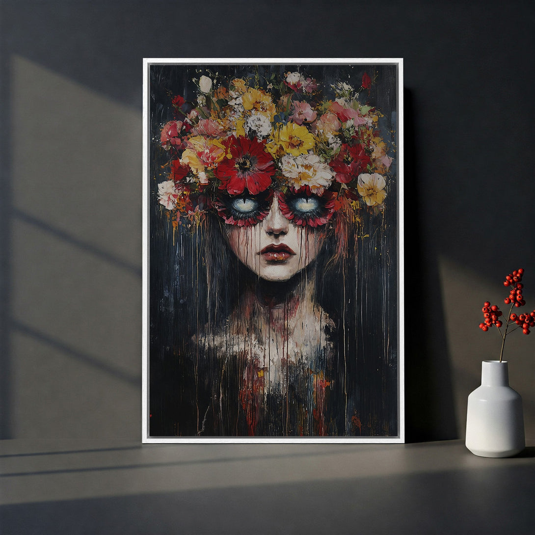 Framed Wall Art featuring a haunting portrait with a floral crown, dark and moody color palette. Perfect for adding a touch of artistic flair to your space.