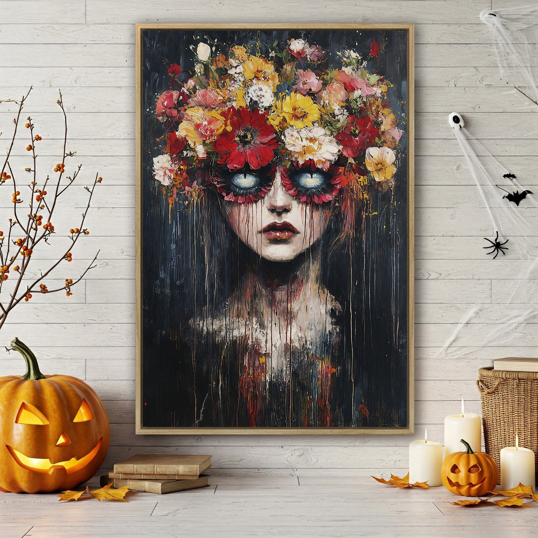 Framed Wall Art: Spooky floral portrait in a dark, moody palette. Perfect Halloween decor! Add this Canvas Print to your home for a unique statement piece.