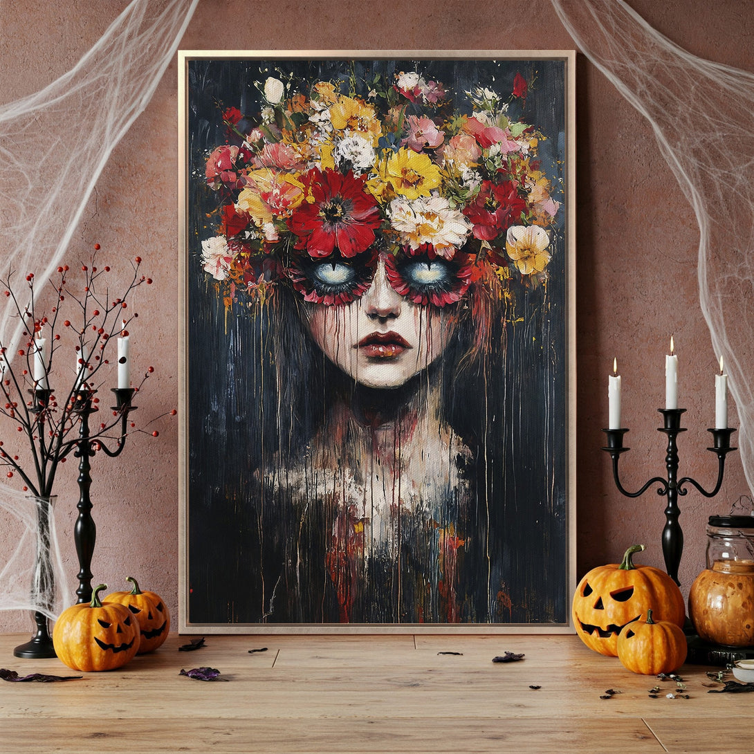 Framed Wall Art: Spooky portrait with floral crown, dark palette, and vibrant red/yellow flowers. Perfect Halloween decor! Shop now for unique art.