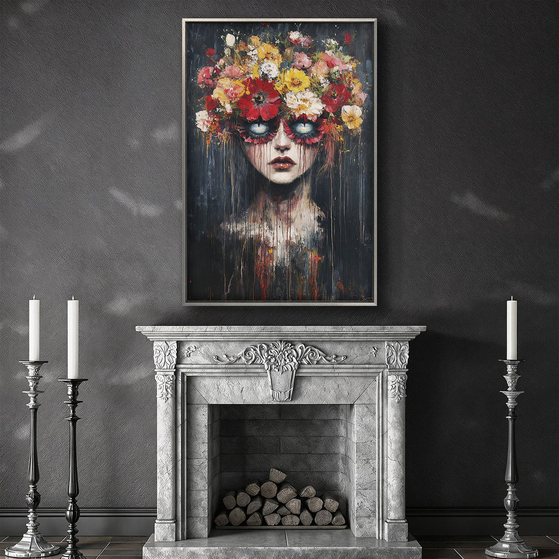 Framed Wall Art: Abstract portrait with floral crown, moody style, rich red, yellow, and black color palette. Enhance your space with this unique Canvas Print!