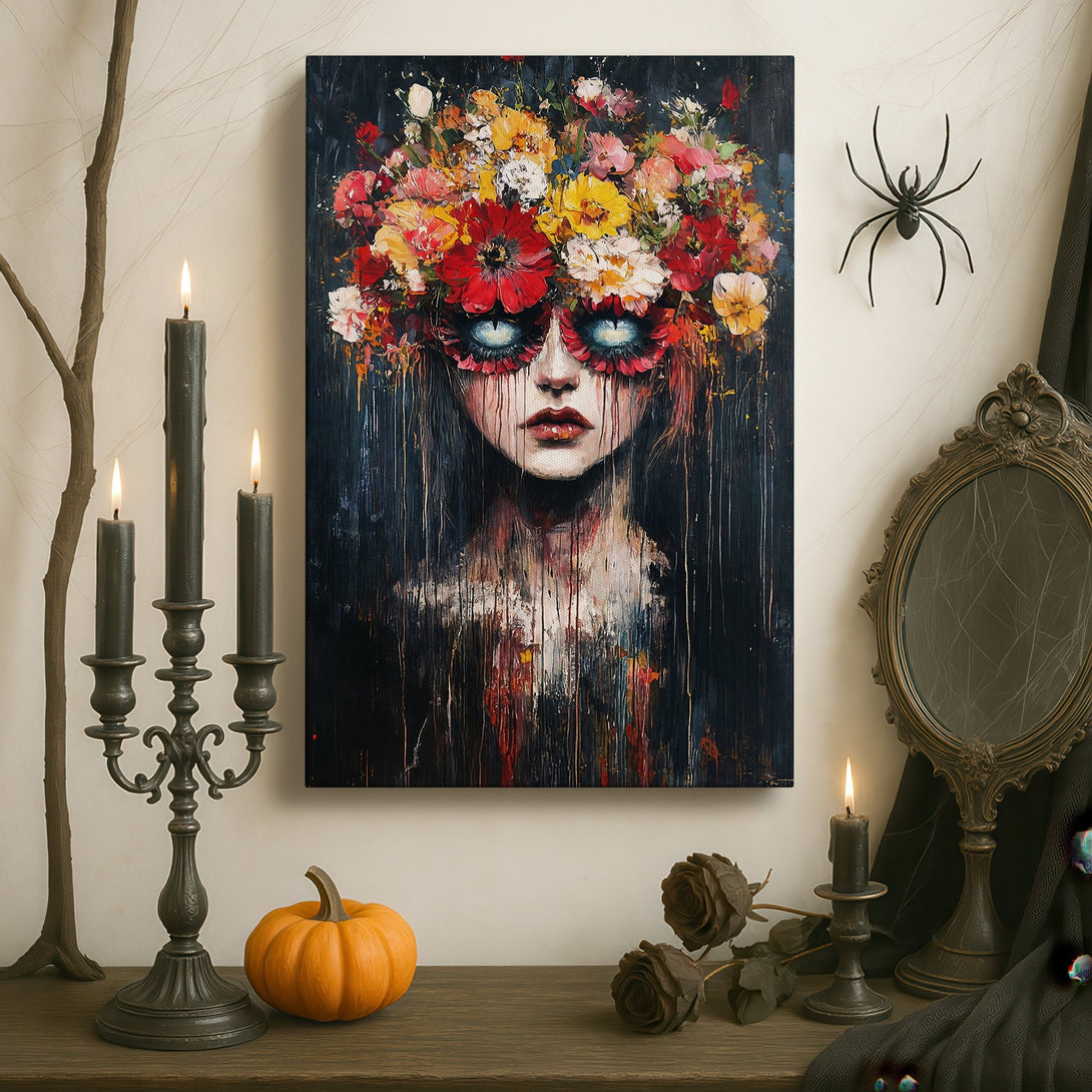 Framed Wall Art: Dramatic portrait of a woman with a floral crown, dark and moody color palette. Perfect for adding a touch of mystery to your space.