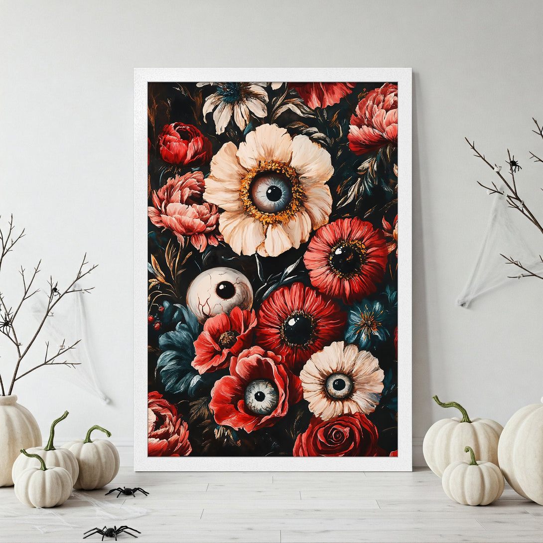Framed Poster featuring a floral design with eye-shaped centers, dark and moody style, red, cream, and teal color palette.