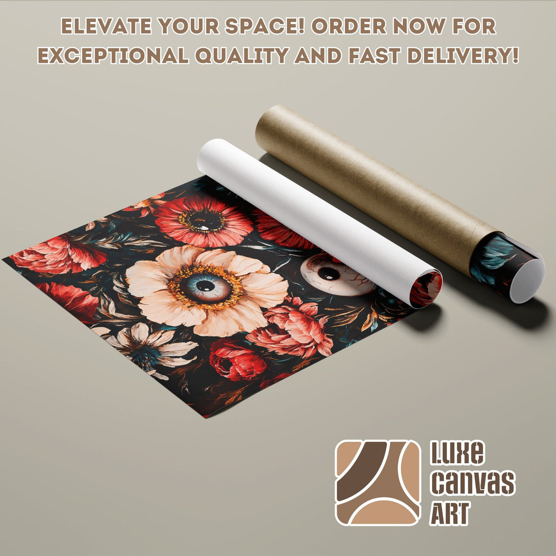 Poster Roll featuring floral eye art, dark & moody style, with red, teal, and cream color palette.