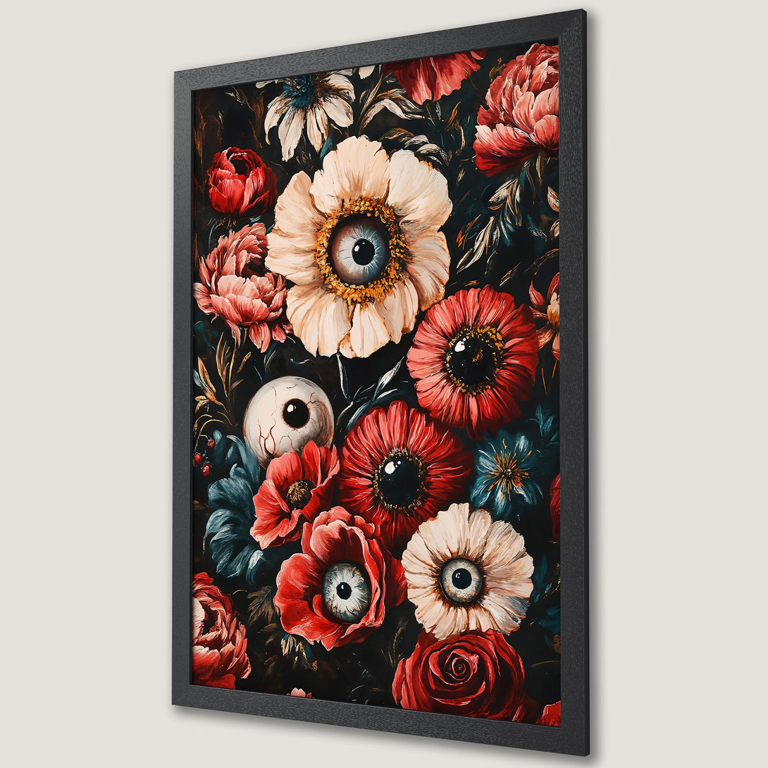 Framed Poster featuring a floral design with eyes, dark and moody style, red, cream, and teal color palette.