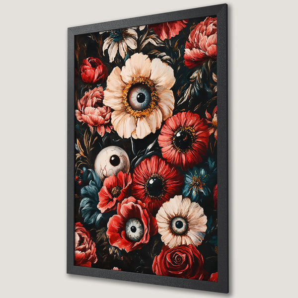 Framed Poster featuring a floral design with eyes, dark and moody style, red, cream, and teal color palette.