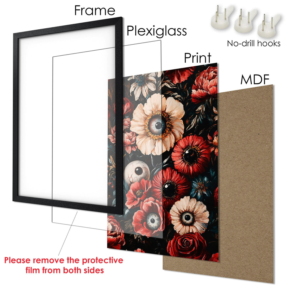 Framed Poster featuring floral art with an eye motif, dark and moody color palette. Perfect wall decor!