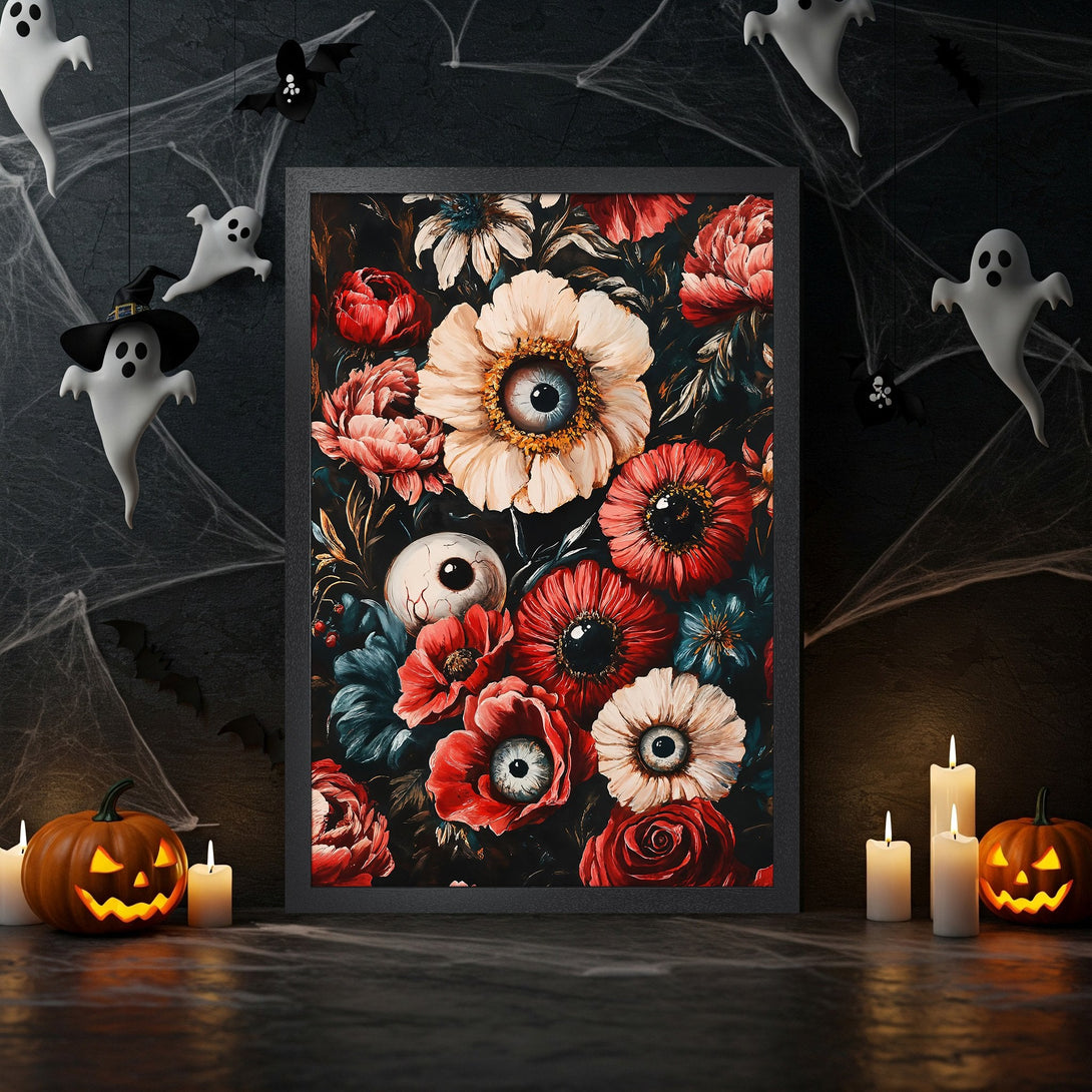 Framed Poster featuring a floral design with eye-like centers, dark and moody style, red and cream palette, perfect for Halloween decor.