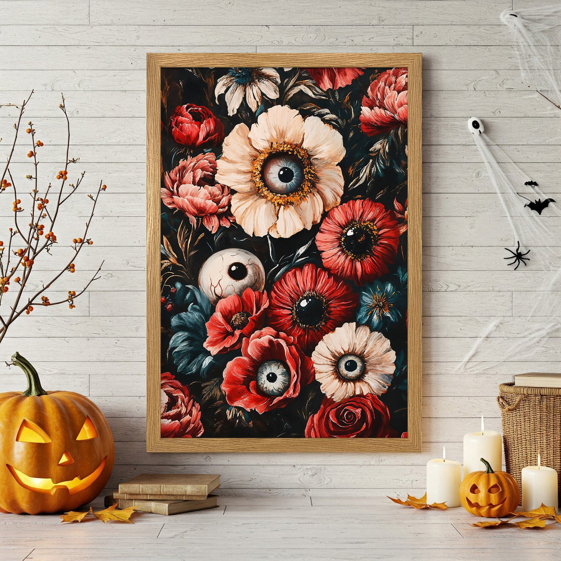 Framed Poster featuring floral art with eye details, dark, moody style, and a red, cream, and teal color palette. Perfect Halloween decor.
