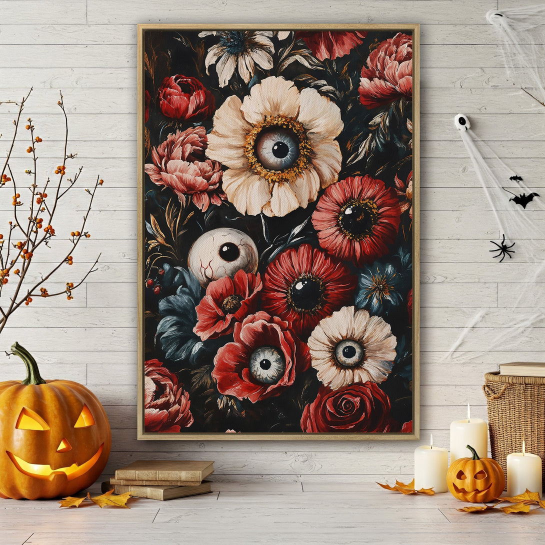 Framed Wall Art: Spooky floral print with eye-like centers. Dark, moody style with a red, cream, and black color palette. Perfect Halloween decor.