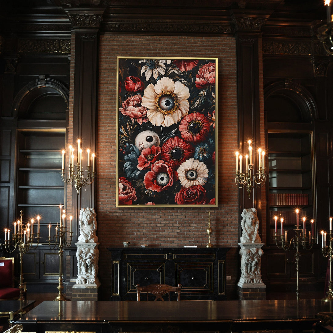 Canvas Print: Floral artwork with eye-like flowers, dark moody style, red, cream, and teal color palette. Perfect for Halloween decor.