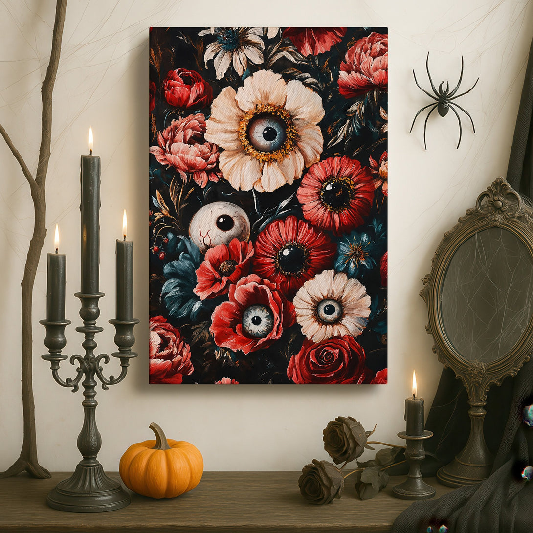 Framed Wall Art: Dark floral Canvas Print with eye-like blooms in a gothic interior. Rich red, black, and cream color palette. Unique, artistic home decor.