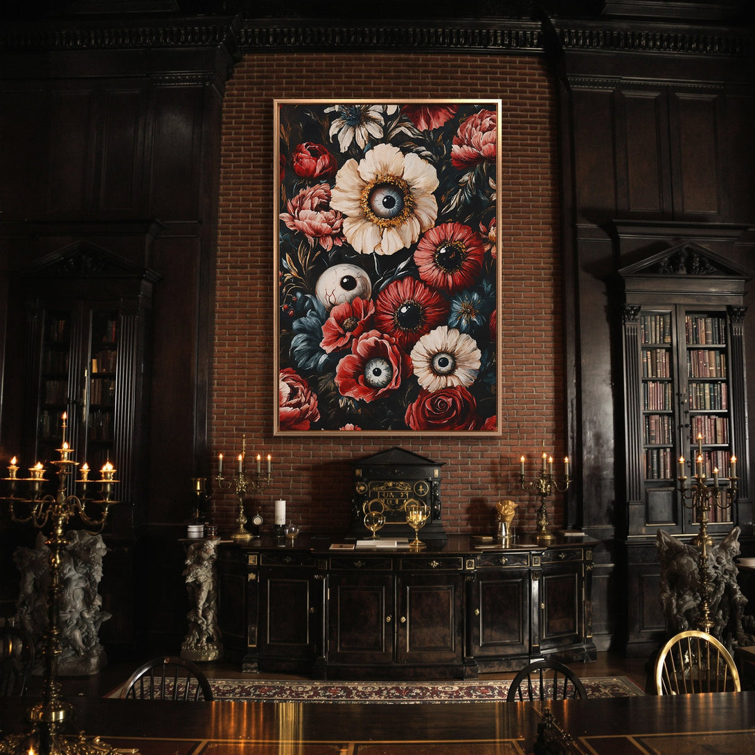 Framed Wall Art: Dark floral canvas print with eye details. Gothic style, rich red, black, and cream color palette. Perfect for adding a unique touch.