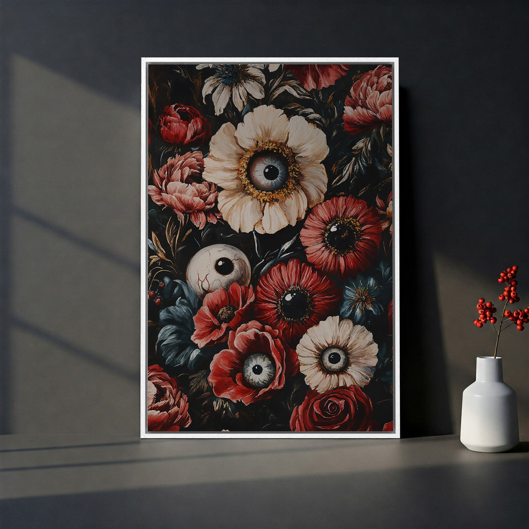 Framed Wall Art featuring a surreal floral design with eye-like centers. Dark, moody color palette with red, cream, and black accents. Perfect for unique home decor.