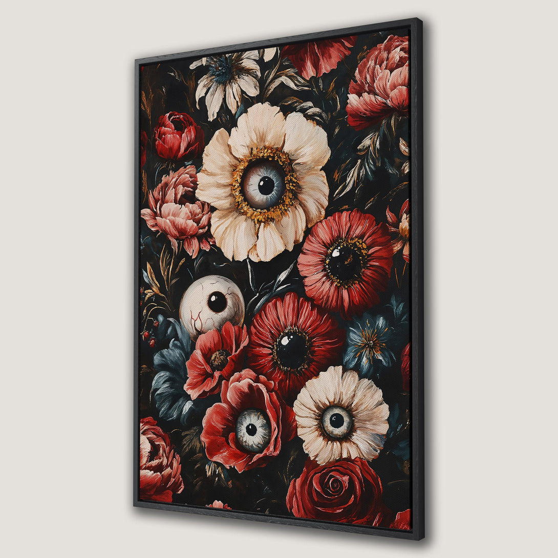 Framed Wall Art featuring a gothic floral design with eyes, in a dark, moody palette of red, white, and black. Perfect for unique home decor.
