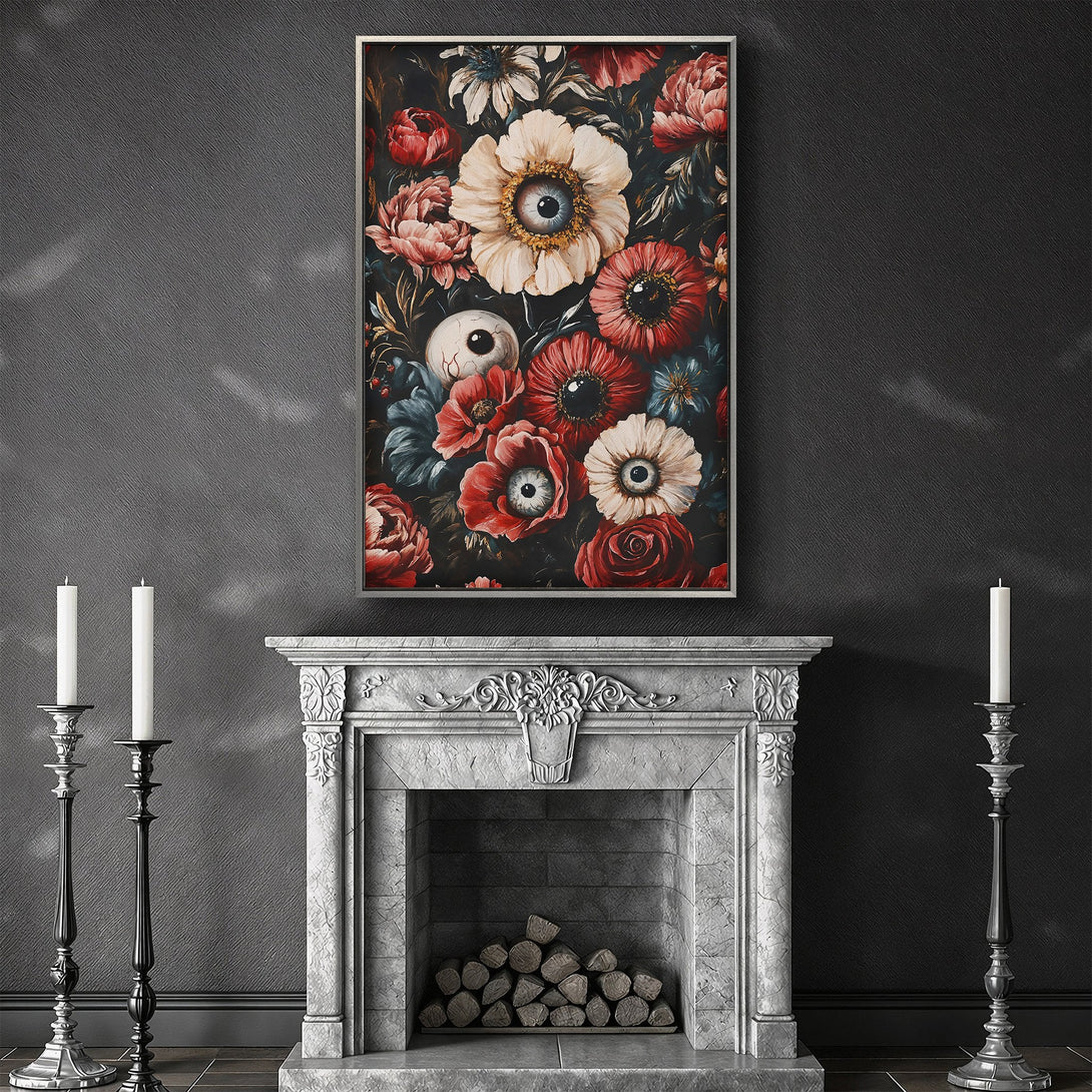 Framed Wall Art: Gothic floral Canvas Print with dark red, black, and cream color palette. Perfect for adding a unique, artistic touch to any space.