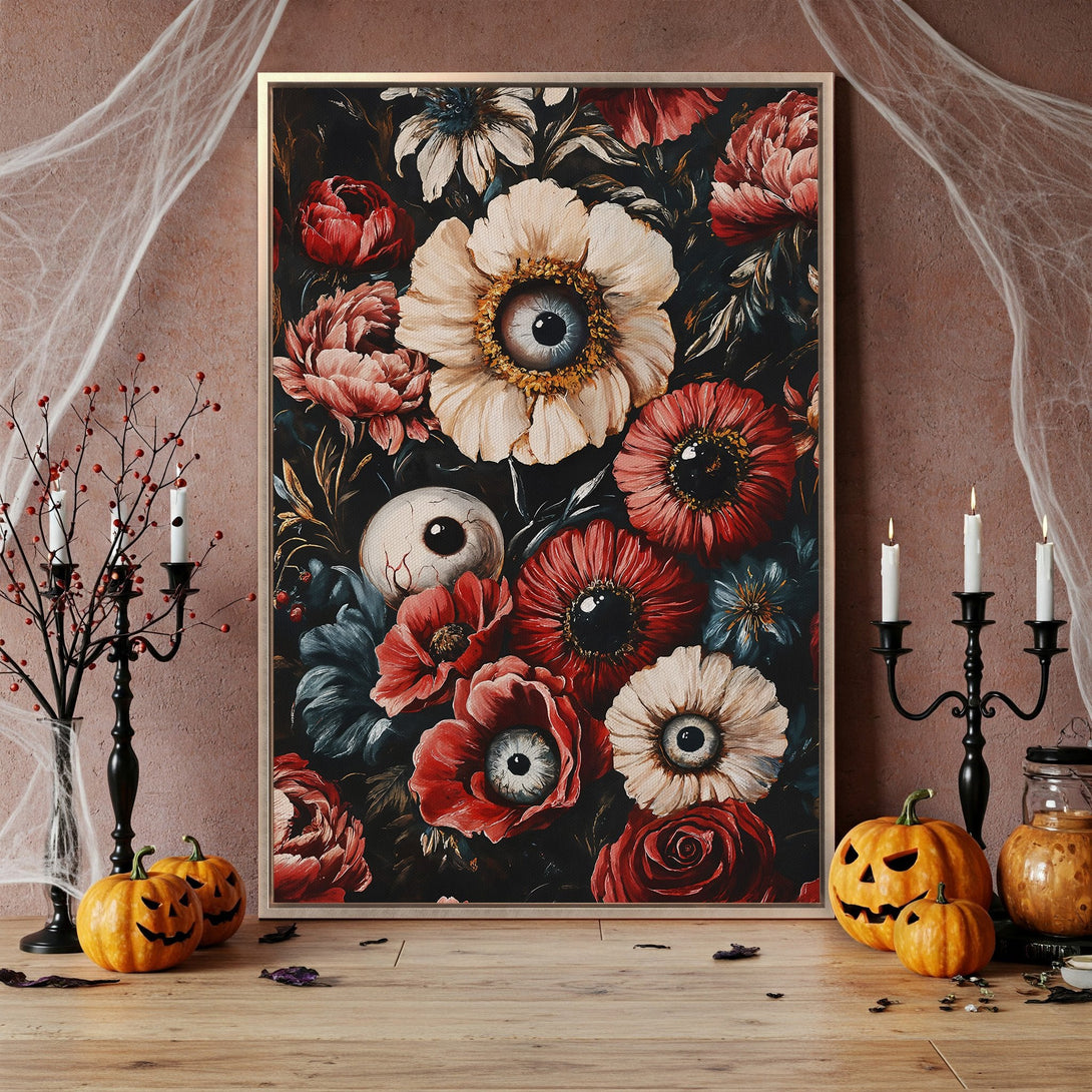 Framed Wall Art: Spooky floral print with eye details. Dark, moody color palette of red, cream, and black, perfect for Halloween decor.