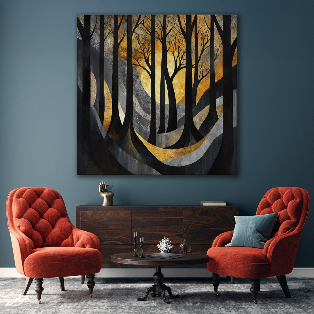 Framed Wall Art: Abstract forest scene in black, gold, and gray tones. Modern art print perfect for living room decor.