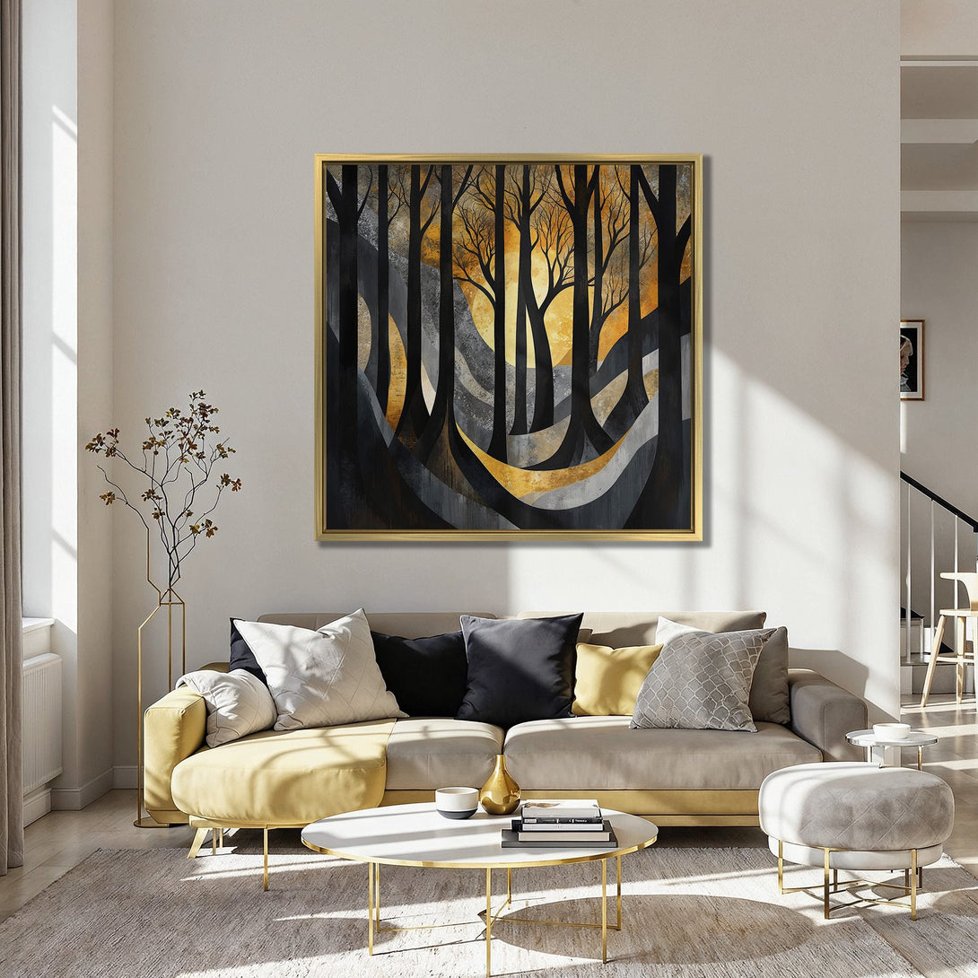 Abstract forest Canvas Print in black, gold, and gray tones. Modern wall art for living room or bedroom decor.