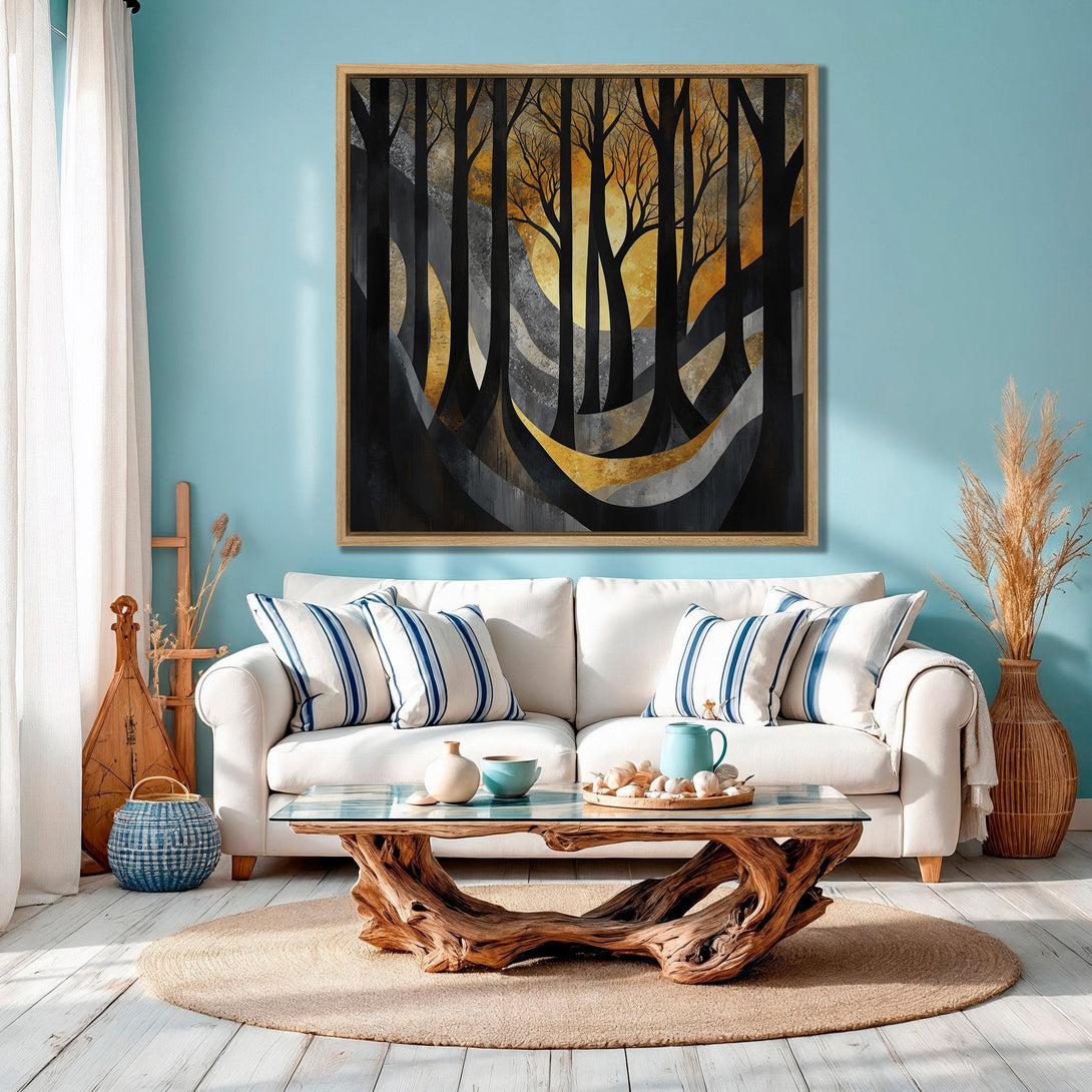 Framed Wall Art: Abstract forest scene in black, gold, and gray tones. Modern art canvas print adds a touch of elegance to any living room.