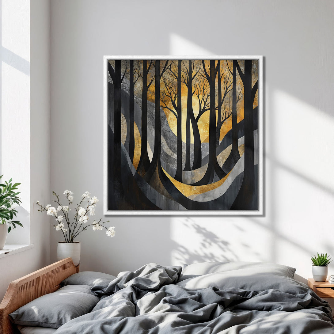 Framed Wall Art: Abstract forest scene in black, gold, and gray. Modern art print adds a touch of nature to any bedroom decor.