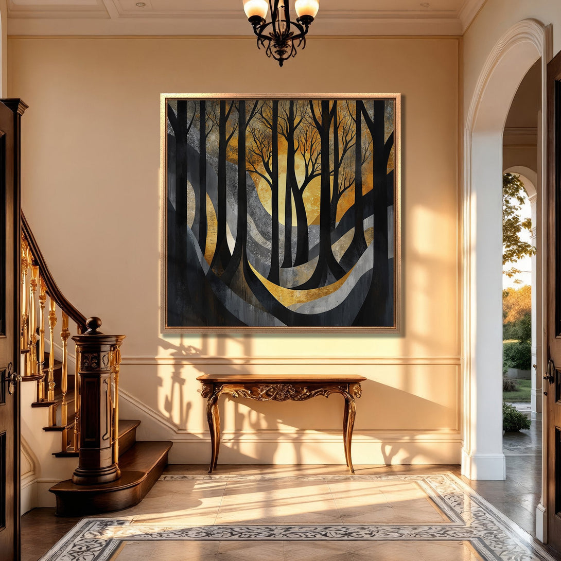Framed Wall Art: Abstract forest scene in black, gold, and gray. Modern Canvas Print adds elegance to any interior. Shop now for stunning wall decor!